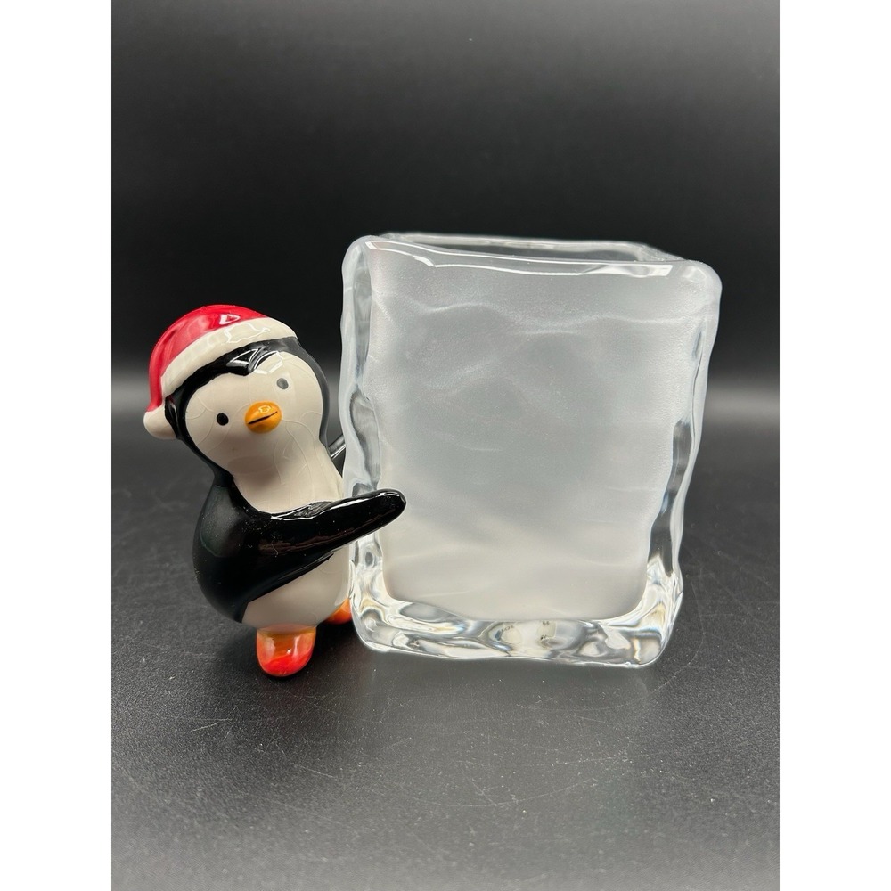 Teleflora Penguin Vase Frosted Glass Ice Cube Send a Hug Holiday Decor 4.5"